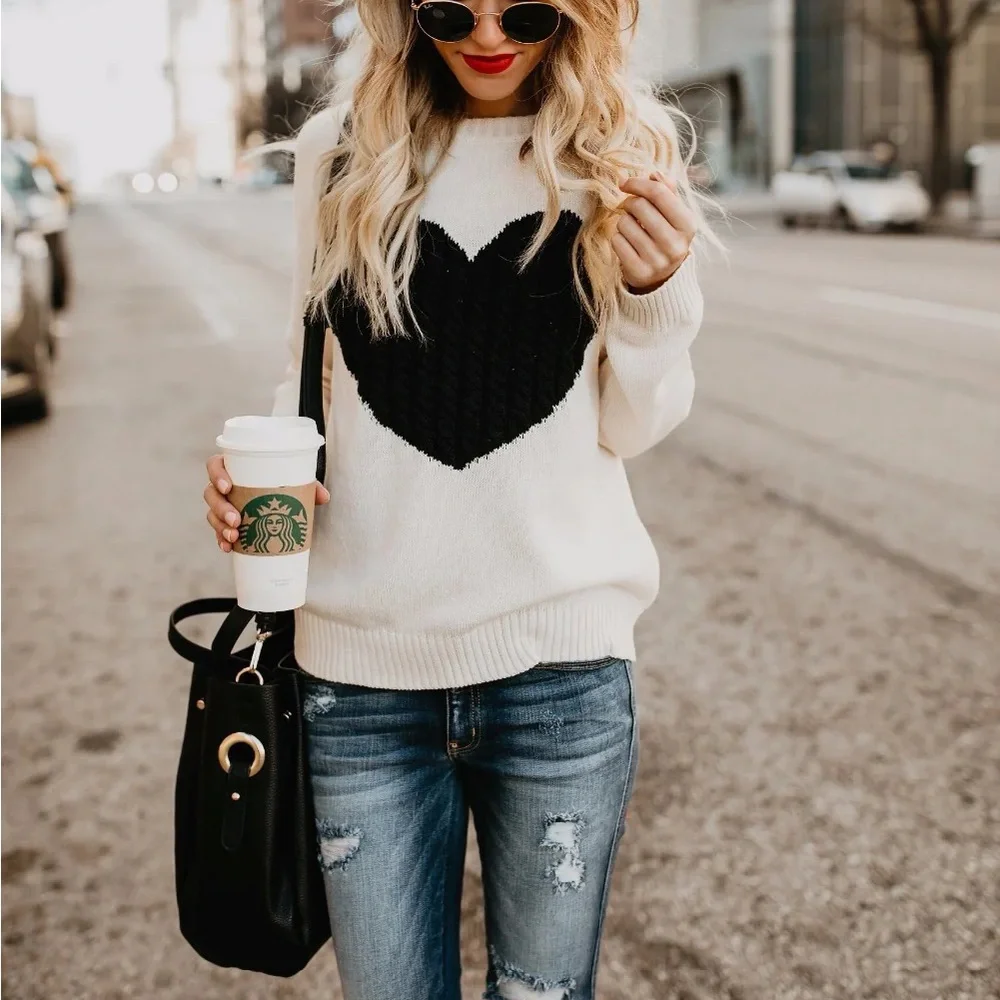heart printed women sweater tops shirt long sleeve crewneck